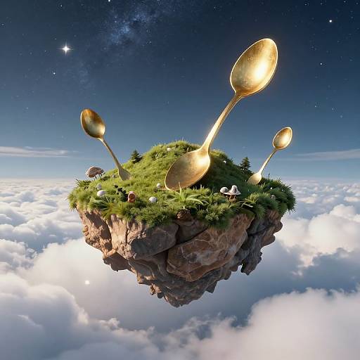 Fantasy digital artwork: Floating grassy cliff with towering golden spoons, surrounded by clouds, under a starry night sky.