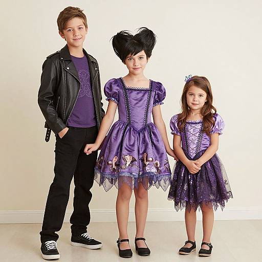 Photograph of three children: boy in black leather jacket, purple shirt, black pants, sneakers; two girls in matching purple dresses, black bows,