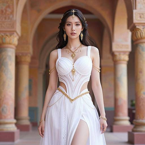 Photograph of an Asian woman with long black hair, wearing a white, revealing Grecian-style dress and gold jewelry, walking down a corridor with
