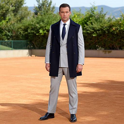 Photograph of a tall, serious-looking man in a grey suit, white shirt, black tie, and dark navy vest, standing on orange clay ground