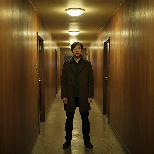 Mysterious Man in Dim Hallway
