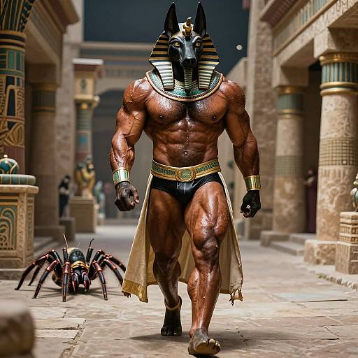Photorealistic CGI of a muscular, bronze-skinned Anubis figure with black jackal head, gold-striped headdress, black loincloth