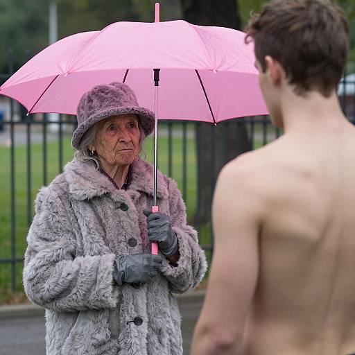 Elderly woman with umbrella facing shirtless young man