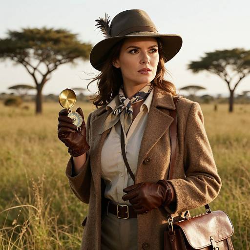 Photograph of a brown-haired woman in vintage steampunk attire, holding a gold pocket watch, standing in a sunlit grassy savanna with