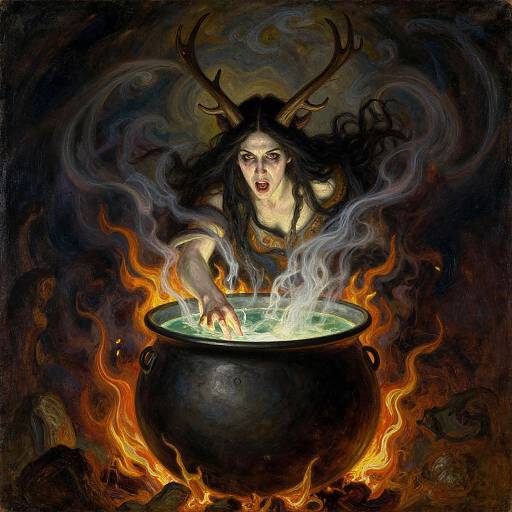 Digital painting of a horned, pale-skinned witch with wild black hair, reaching into a glowing cauldron surrounded by fiery flames and dark,
