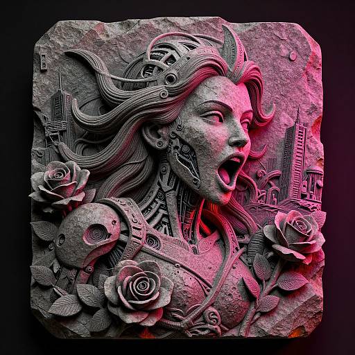 Digital artwork: Intricate, gray stone relief of a screaming, stylized woman with flowing hair, roses, and cityscape, illuminated by pink light