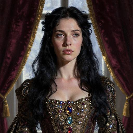 Photograph of a pale-skinned woman with long, wavy black hair wearing an ornate, jeweled, dark brown dress, standing against mar