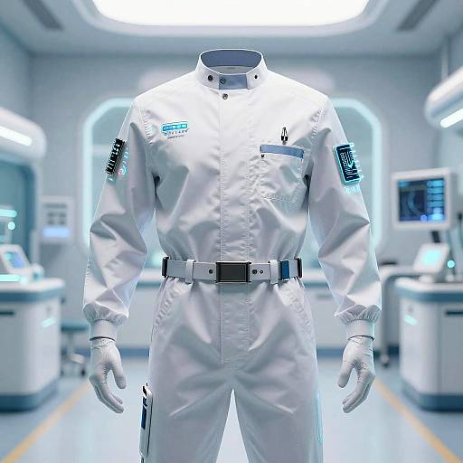 Photograph of a mannequin in a white NASA astronaut suit with patches, gloves, and a belt, standing in a brightly lit, futuristic laboratory