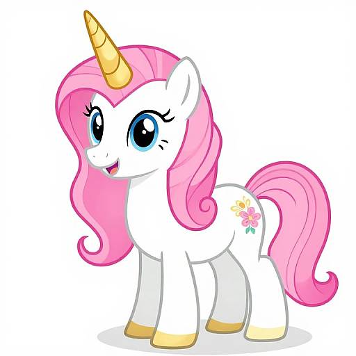Digital illustration of a cute, white, unicorn pony with large blue eyes, pink mane and tail, yellow horn, and a flower cutie mark,