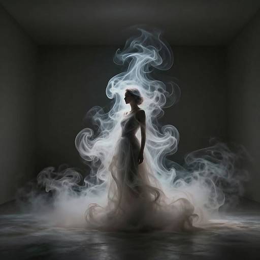 Digital artwork of a silhouetted, ethereal woman with flowing white smoke enveloping her in a dark, empty room.