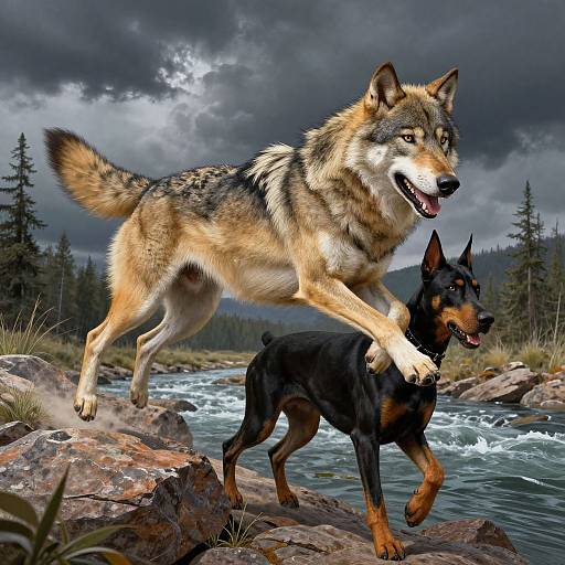 Wolf-Doberman Hybrid Leaping Scene