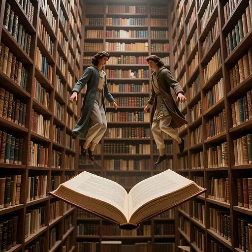 Two Victorian-era men in long coats and hats levitate above a glowing, floating open book within a vast, dimly lit library.