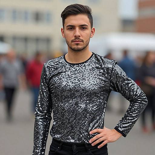 Photograph of a handsome, bearded young man with short dark hair, wearing a shimmering black sequin long-sleeve shirt, standing with