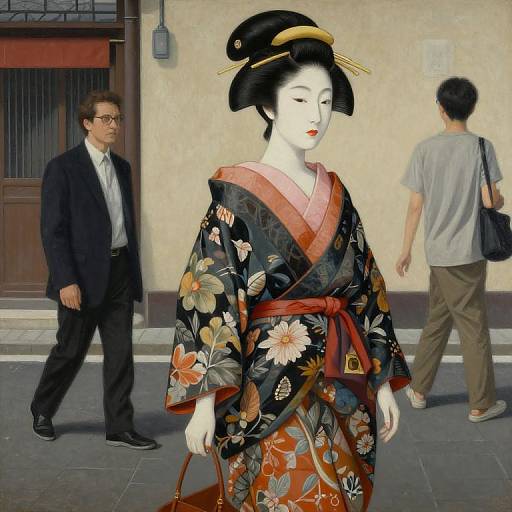 Photograph of a traditional Japanese mannequin in a floral kimono, standing on a street with two men walking by, one in a suit.