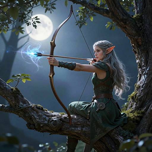 Elven Archer with Magical Bow at Moonlight