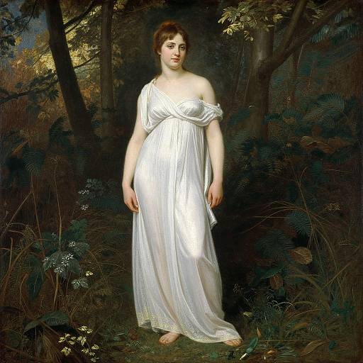 Digital painting of a pale-skinned woman with brown hair in a white, off-shoulder, flowing dress standing in a dark, forested background