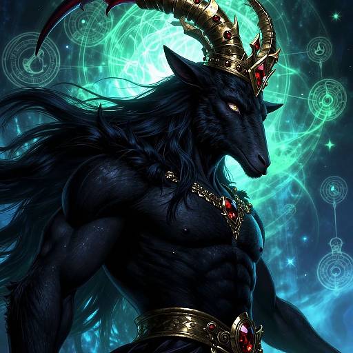 Digital artwork of a muscular, black-furred, demonic figure with glowing blue eyes, large curved horns, and golden crown adorned with red gems, set