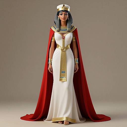 Photorealistic image of a dark-skinned woman in an ancient Egyptian-style white gown with gold accents, red cape, striped headdress, and jewelry