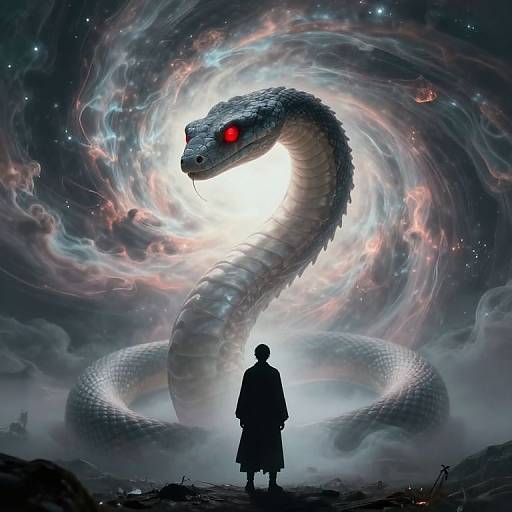 Digital art: Silhouetted human stands before a glowing, colossal snake with red eyes, swirling cosmic clouds, and a bright center.