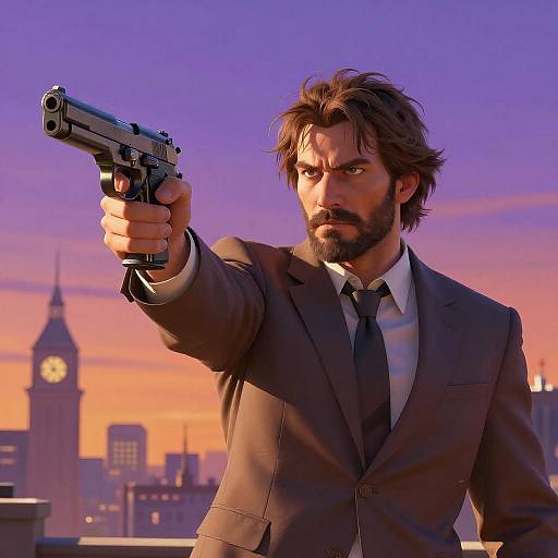 Serious Man with Handgun in Vibrant Cityscape