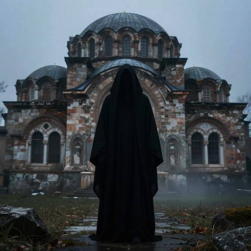 Photograph of a dark-robed figure standing in front of a misty, dilapidated domed building with arched windows and stone patterns.