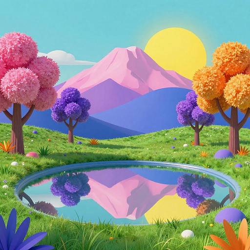 Surreal Neon Landscape with Reflective Pool