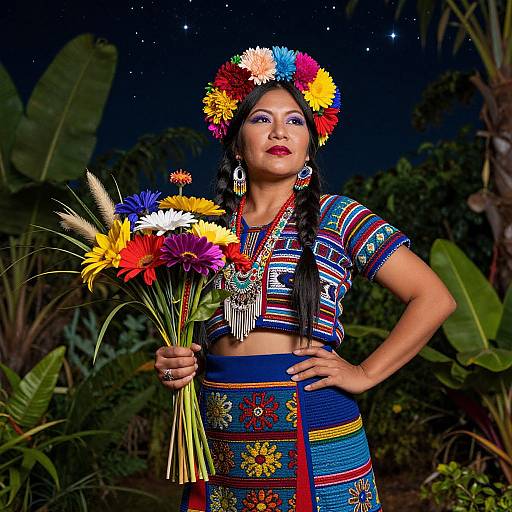Photograph of a Latina woman with dark hair, wearing a colorful flower crown, striped top, and embroidered skirt, holding a bouquet of vibrant flowers,