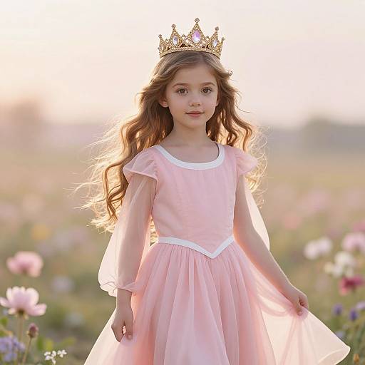 Photograph of a young girl with long brown hair, wearing a pink dress and gold crown, standing in a sunlit field of colorful flowers.