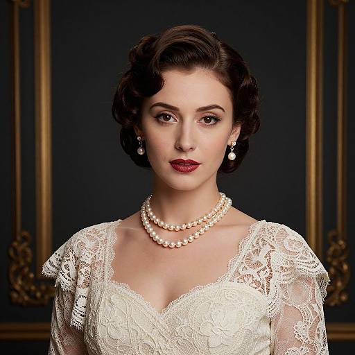 Photograph of a fair-skinned woman with vintage-style dark brown wavy hair, wearing a white lace dress, pearl necklace, and earrings, set