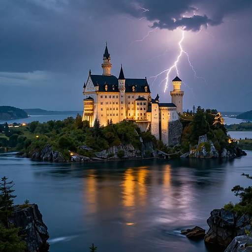 Photograph of a majestic, illuminated castle struck by lightning, reflecting on a calm, dark blue lake under a stormy, cloudy night sky.