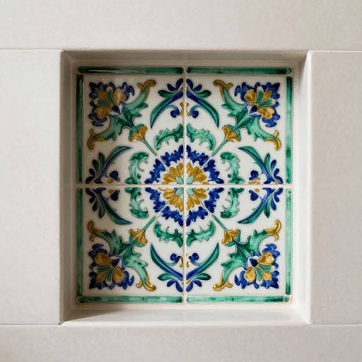 Photograph of a square ceramic tile with intricate blue, green, and yellow floral patterns, set in a white tile frame.