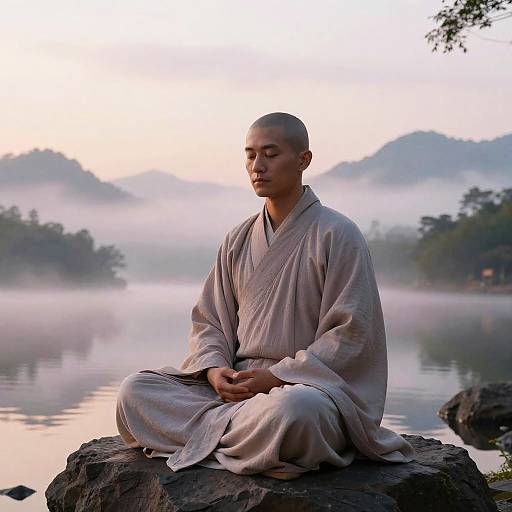 Serene Monk Meditating by Mountain Lake