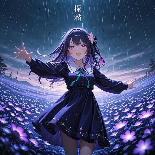 Anime Girl in Flower Field During Rain
