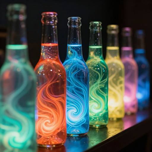Photograph of seven glowing glass bottles, each filled with colorful, swirling neon liquids, illuminated against a dark background.