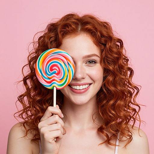 Photograph of a smiling young woman with curly red hair holding a large, colorful swirl lollipop against a pink background.