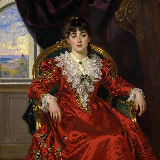 Victorian painting of a young woman with fair skin, dark hair, in a luxurious red dress with white lace, seated on an ornate gold chair