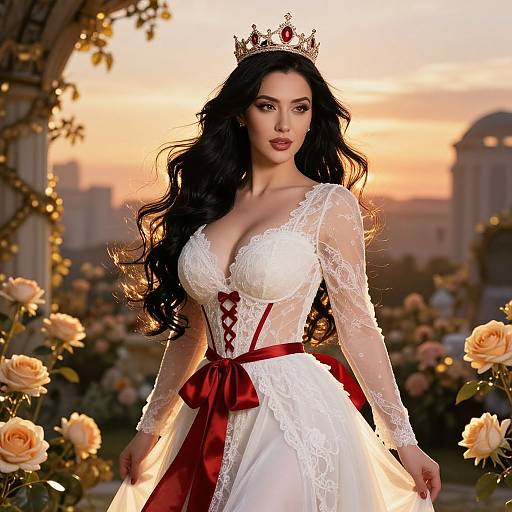 Digital illustration of a beautiful, dark-haired woman with large breasts, wearing a white lace wedding dress, red corset, and crown, standing in a