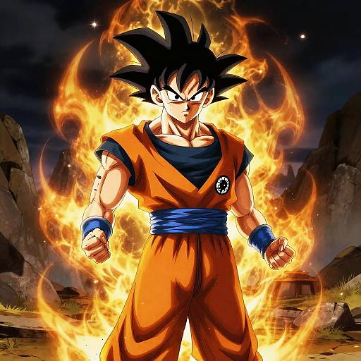 Digital artwork of Super Saiyan Goku standing in fiery flames, wearing orange gi, blue belt, and wristbands, with intense expression. Dark rocky background