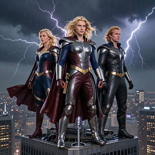 Photograph-style digital artwork of three blonde, muscular superheroes in black and silver armor standing on a rooftop during a lightning storm, city skyline in the background