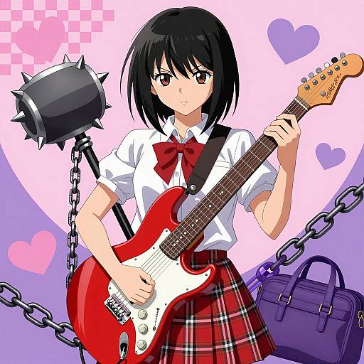 Anime Girl with Red Electric Guitar and Spiked Mace