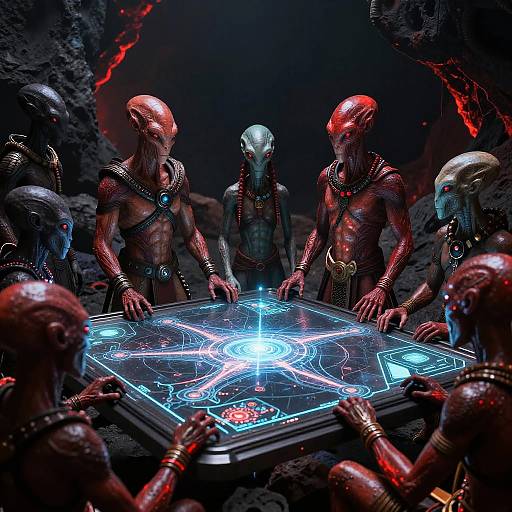 CGI image of six alien warriors with red and metallic skin, surrounding a glowing holographic crystal grid in a dark, rocky cave.