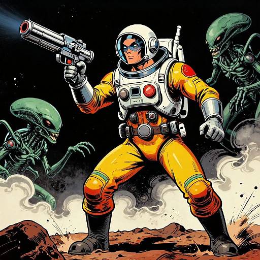 Comic-style illustration of a brave astronaut in yellow spacesuit, white helmet, and chest plate, firing a gun at green alien creatures in a smoky