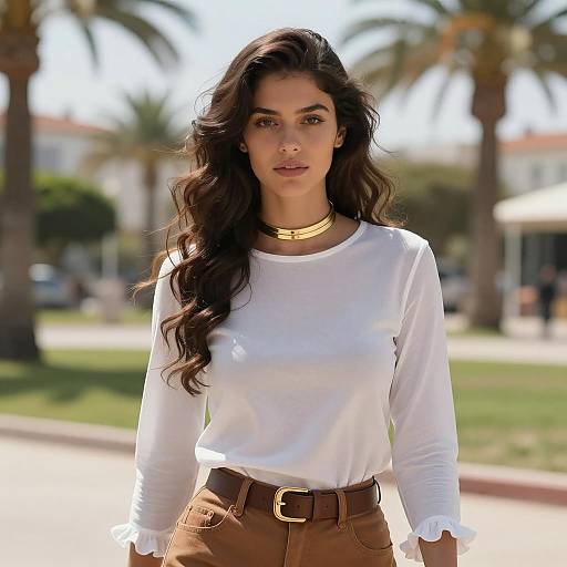 Young Woman in White Top with Gold Choker Outdoors