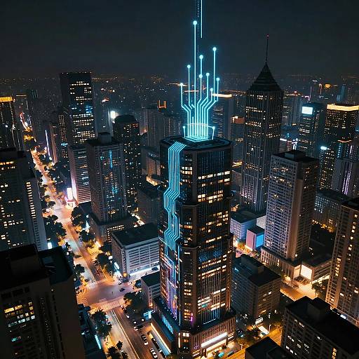 Cyberpunk Cityscape with Circuitry Buildings at Night