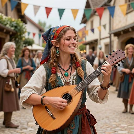 Photograph of a smiling woman with pointed elf ears, playing a lute in a medieval village street with colorful bunting, dressed in a white shirt
