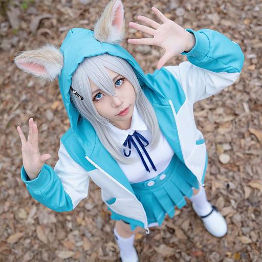 Photorealistic CGI of a cute anime girl with white hair, blue hood, fox ears, wearing a blue-white outfit, standing on leaf-covered ground