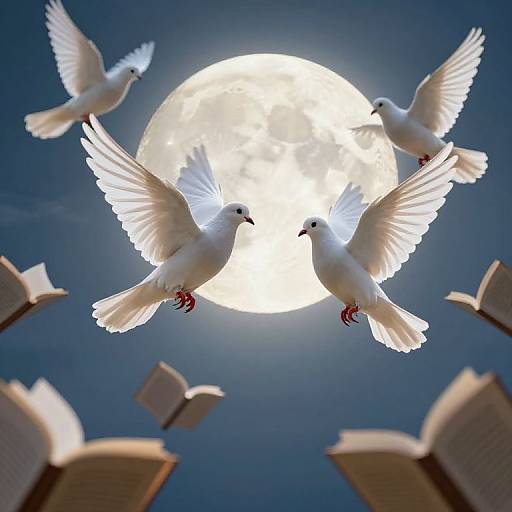 Photograph of five white doves with outstretched wings flying towards a bright full moon, surrounded by open books against a dark blue sky.