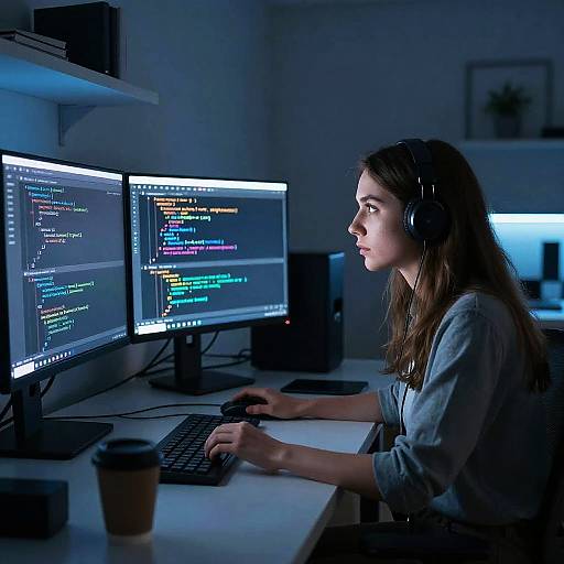 Photograph of a focused young woman with long brown hair, wearing headphones, in a dimly lit room, coding on dual computer monitors with colorful code