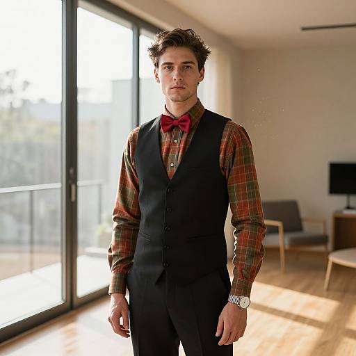 Photograph of a handsome young man with curly dark hair, wearing a red plaid shirt, black vest, red bowtie, and watch, standing