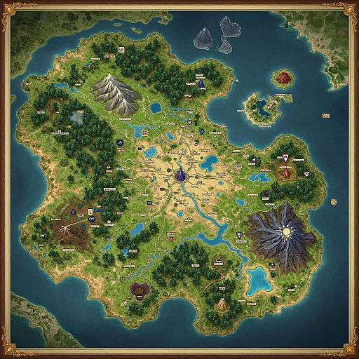Detailed fantasy map with lush green islands, blue lakes, snow-capped mountains, forests, and various landmarks, framed with an ornate golden border.